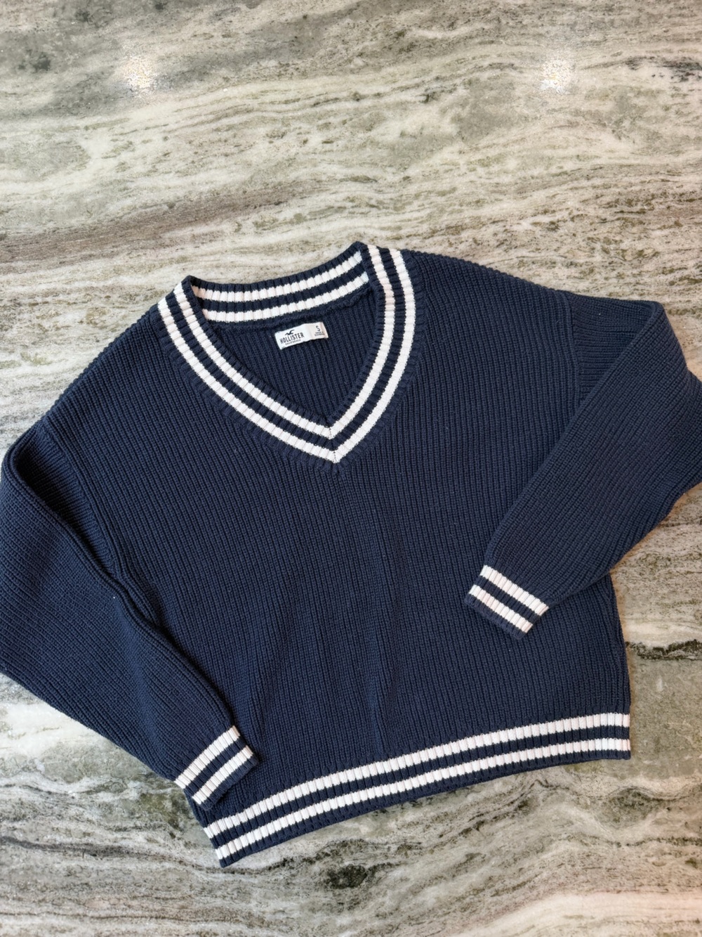 Hollister Navy V-Neck Sweater with White Stripe Accents